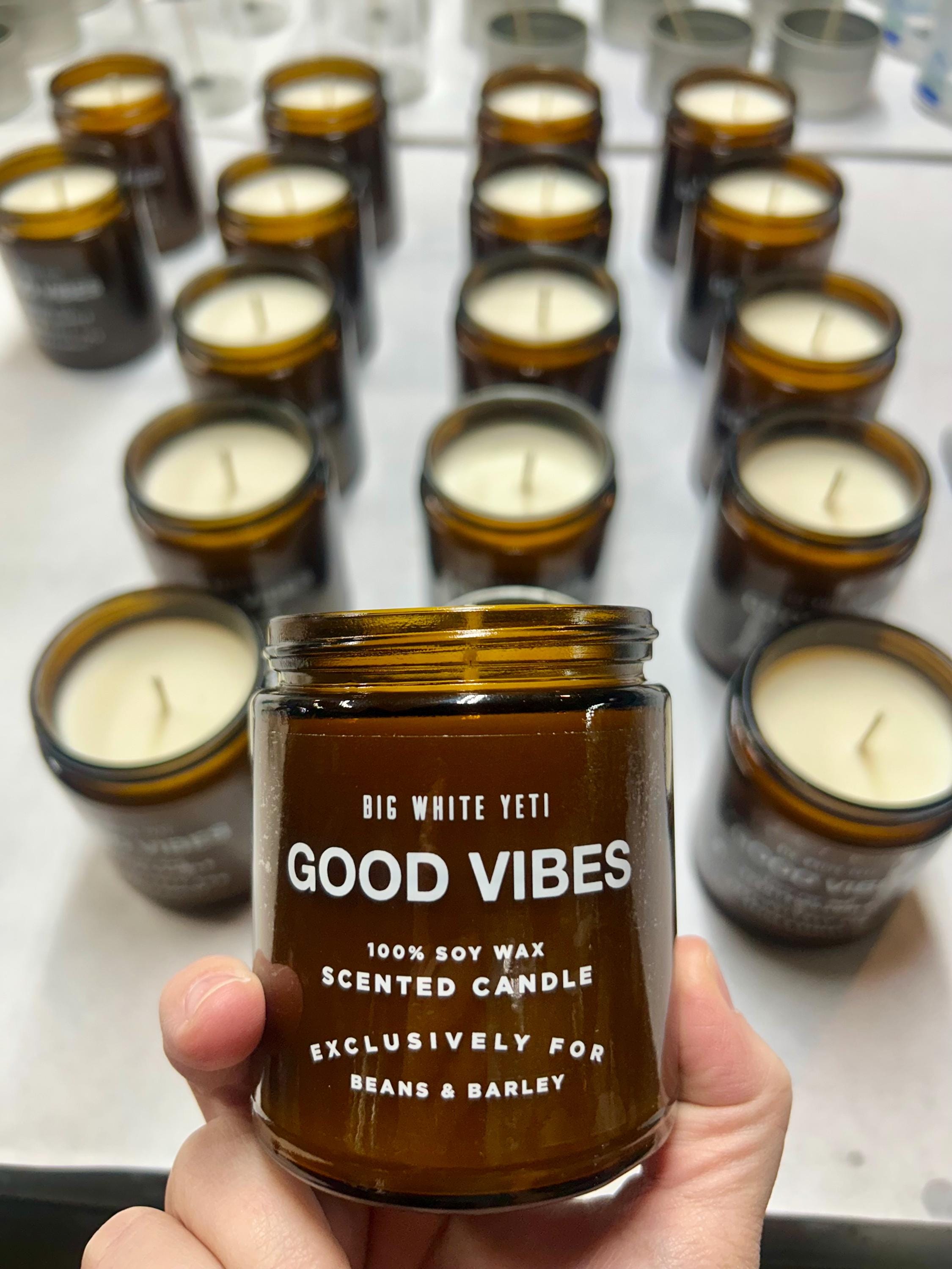 Beans and Barley Good Vibes -  Limited Edition Soy Candle -  8oz amber glass jar