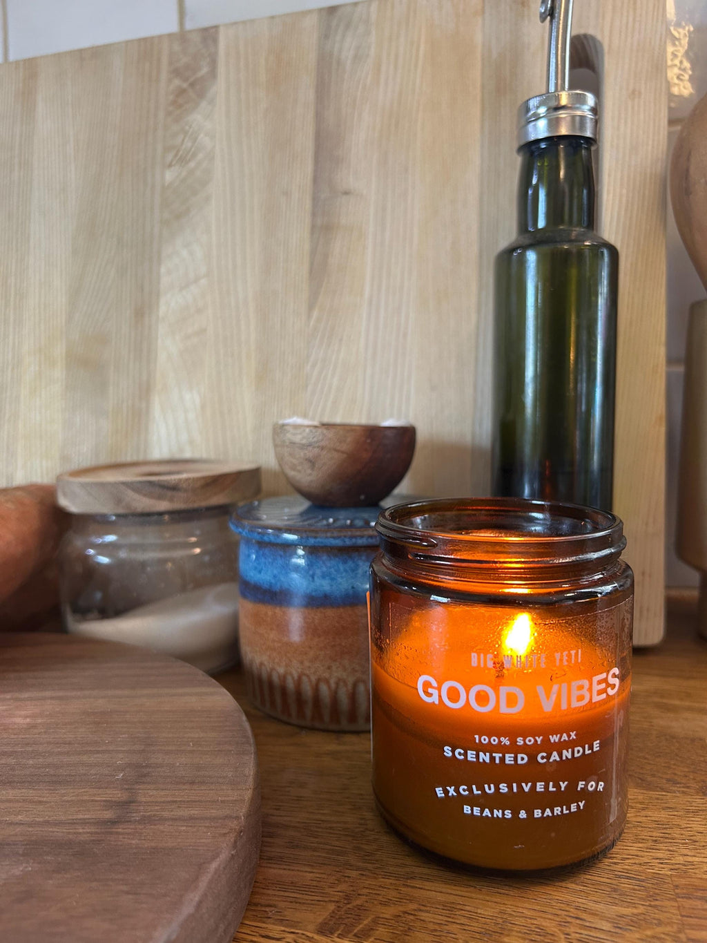 Beans and Barley Good Vibes -  Limited Edition Soy Candle -  8oz amber glass jar